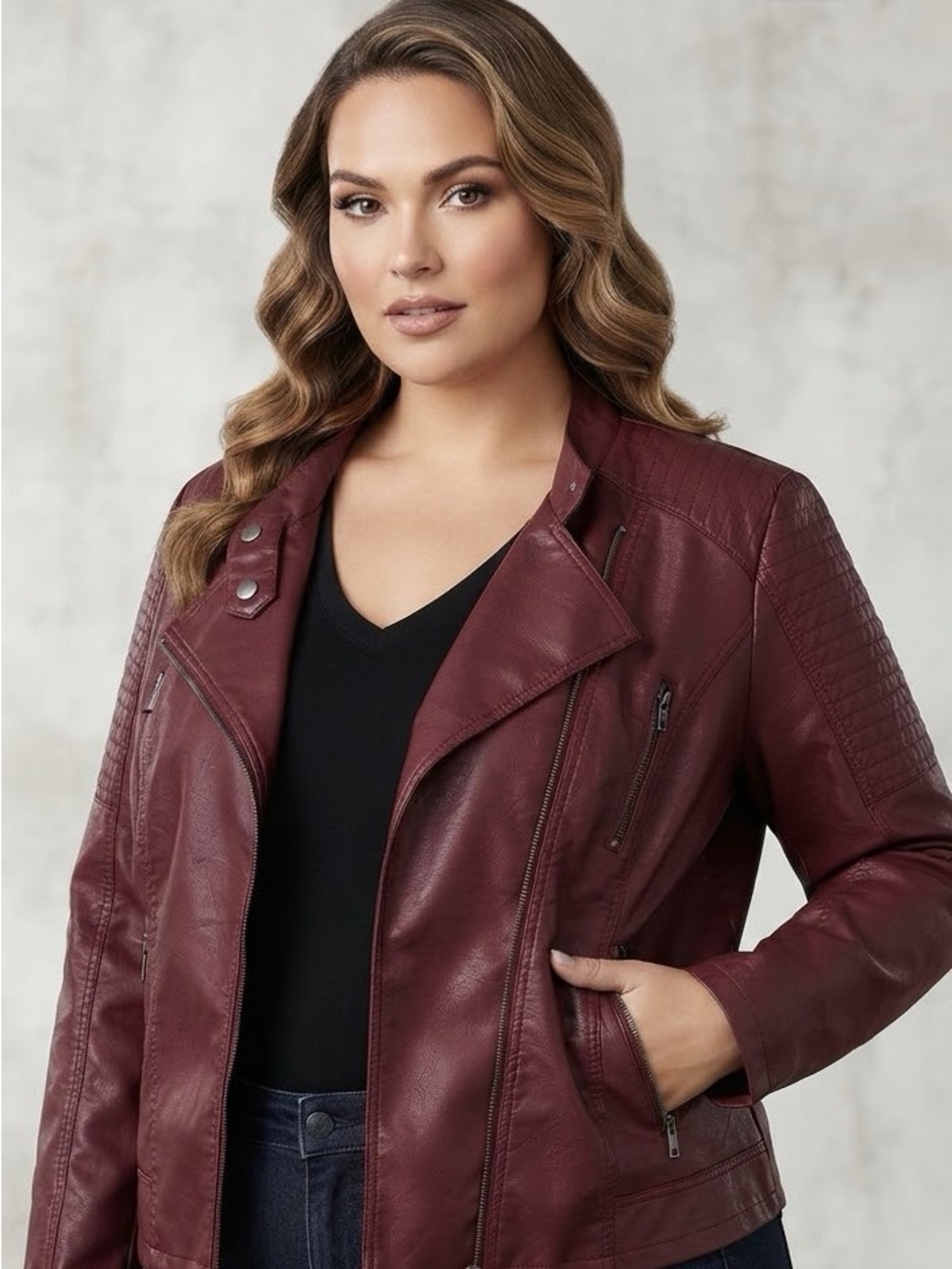 Ashley Stewart Faux Leather Moto Jacket Burgundy Women’s Size 26